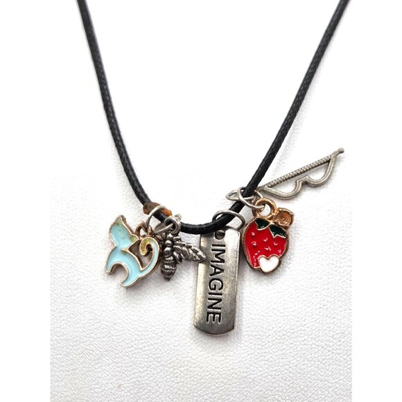 Black Cord Necklace W/ Silver "Imagine" Tag Charms Of Dove Bee Strawberry - Picture 2 of 2